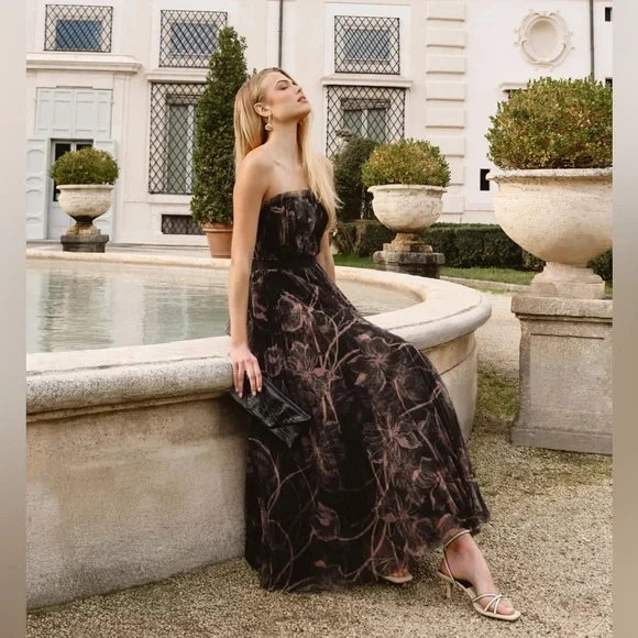 Hutch Bromley Strapless Pleated Tulle Maxi Dress